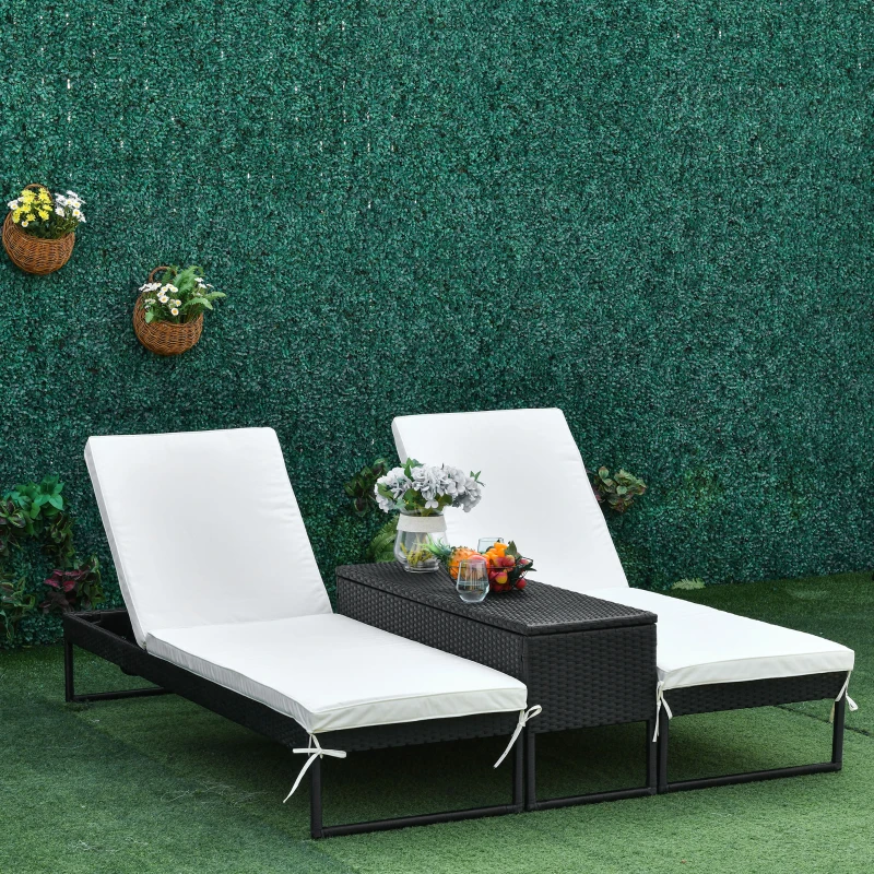 Outsunny driedelige set ligbed met verstelbare rugleuning ligbank tuin theetafel vlamvertragende bekleding metaal PE rotan polyester zwart + crèmewit 195 x 60 x 86 cm