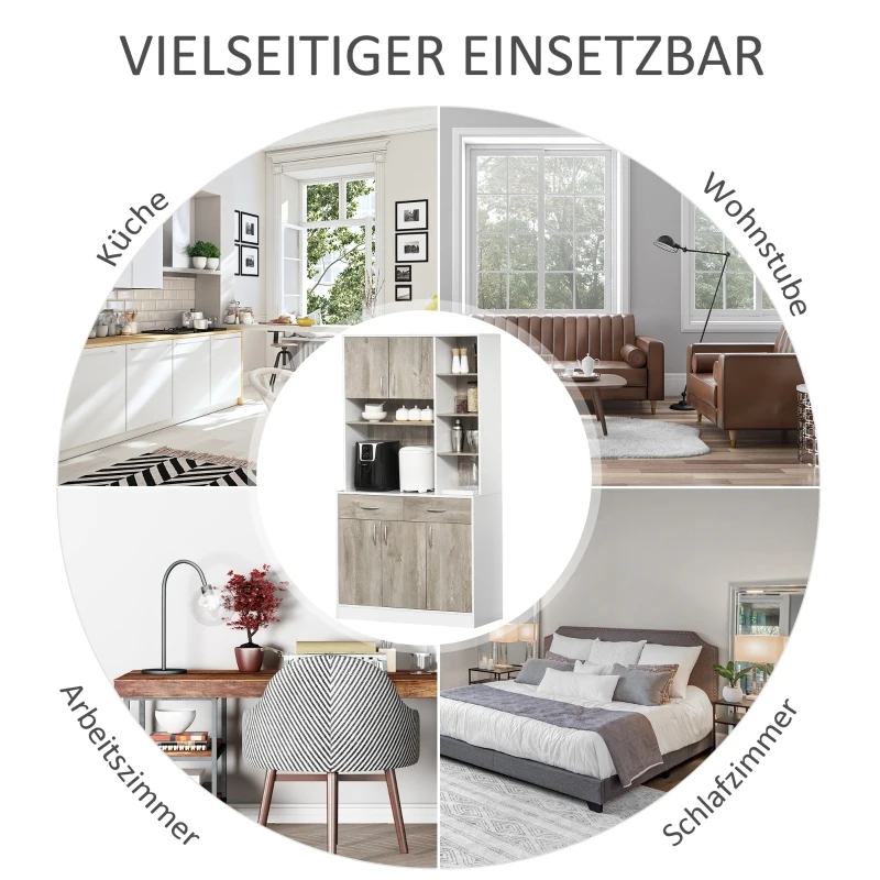 HOMCOM keukenkast met 4 verstelbare schappen open vakken magnetronschap hoge kast met lage opbergkast en 2 schuiflades commode spaanplaat metaal naturel hout + wit 100 x 39 x 180 cm