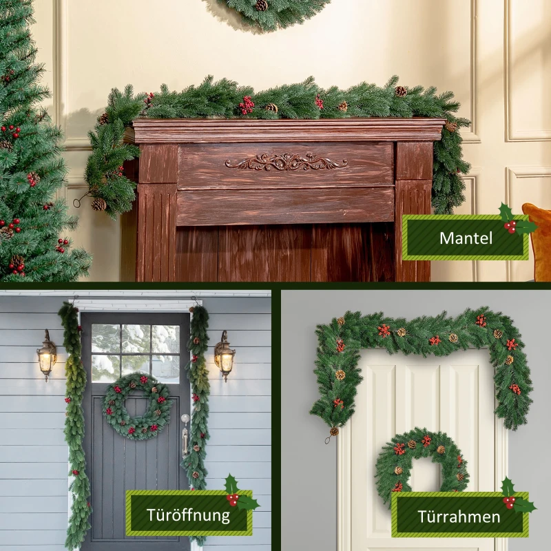 HOMCOM 1,9M kunstkerstslinger bloemdecoratie met dennenappels bessen kerstslinger spar voor trappen haard PE groen 190 x 12 x 8 cm