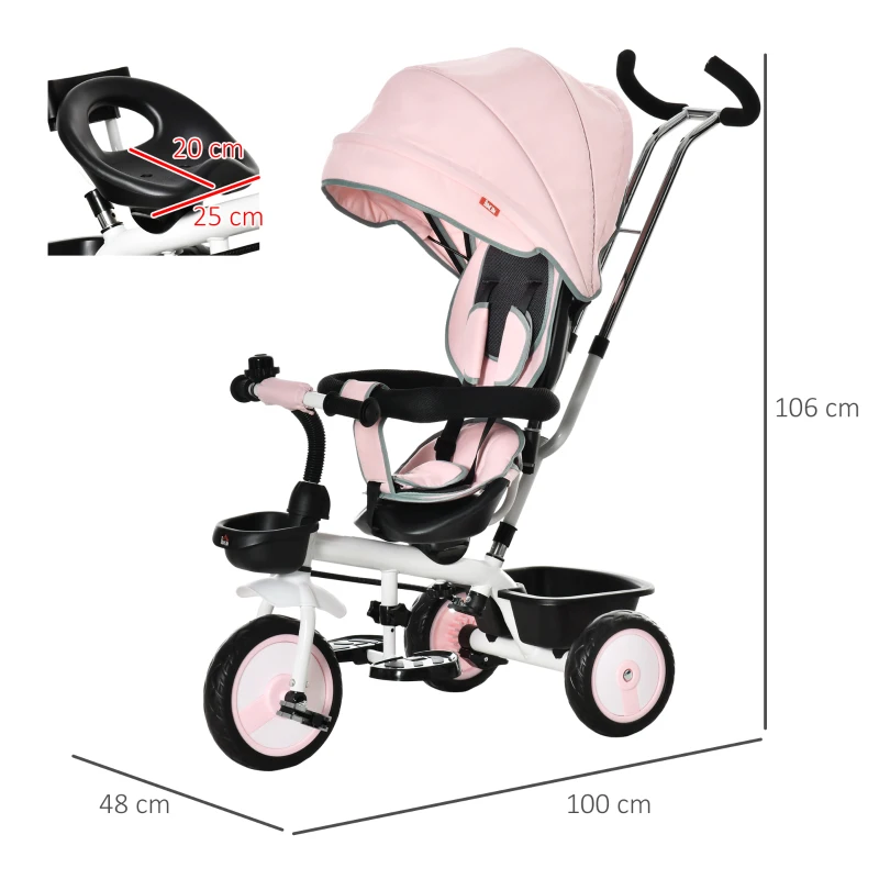 HOMCOM 2 in 1 driewieler kinderwagen omkeerbaar verstelbaar afneembaar handvat luifel leuning opbergen voetsteun koppeling PP kunststof metaal fluweelachtig polyester roze + wit 100 x 48 x 106 cm