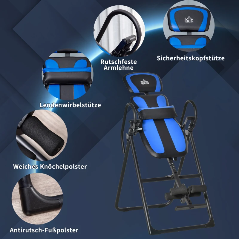 HOMCOM inversiebank opvouwbare zwaartekrachttrainer met twee beweegbare wielen set rugkussen metaal ABS zwart + blauw 132 x 71 x 145 cm