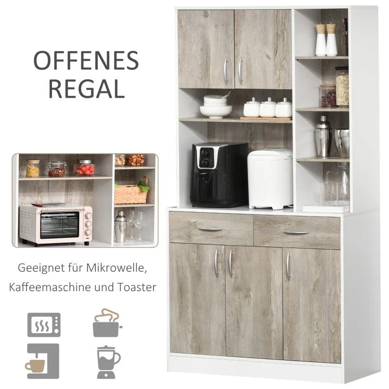 HOMCOM keukenkast met 4 verstelbare schappen open vakken magnetronschap hoge kast met lage opbergkast en 2 schuiflades commode spaanplaat metaal naturel hout + wit 100 x 39 x 180 cm