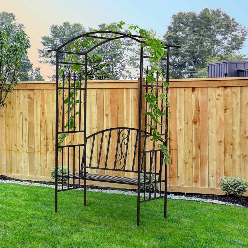 Outsunny plantenboog met bank zitbank boog trellis rooster tuin gewelfd dak metaal zwart 152 x 58 x 207 cm