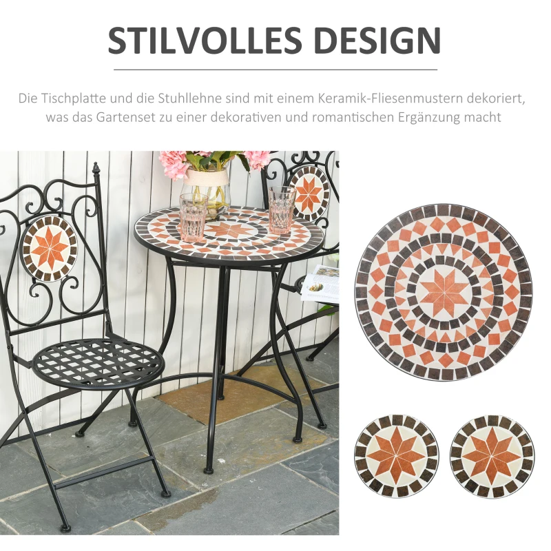 Zitgroep voor in de tuin 3-delige mozaïektafel + 2 opklapbare metalen stoelen