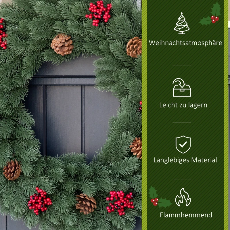 HOMCOM dennenkrans deurkrans kerstkrans achterzijde met ophanglus PE groen Ø60 x 8 cm