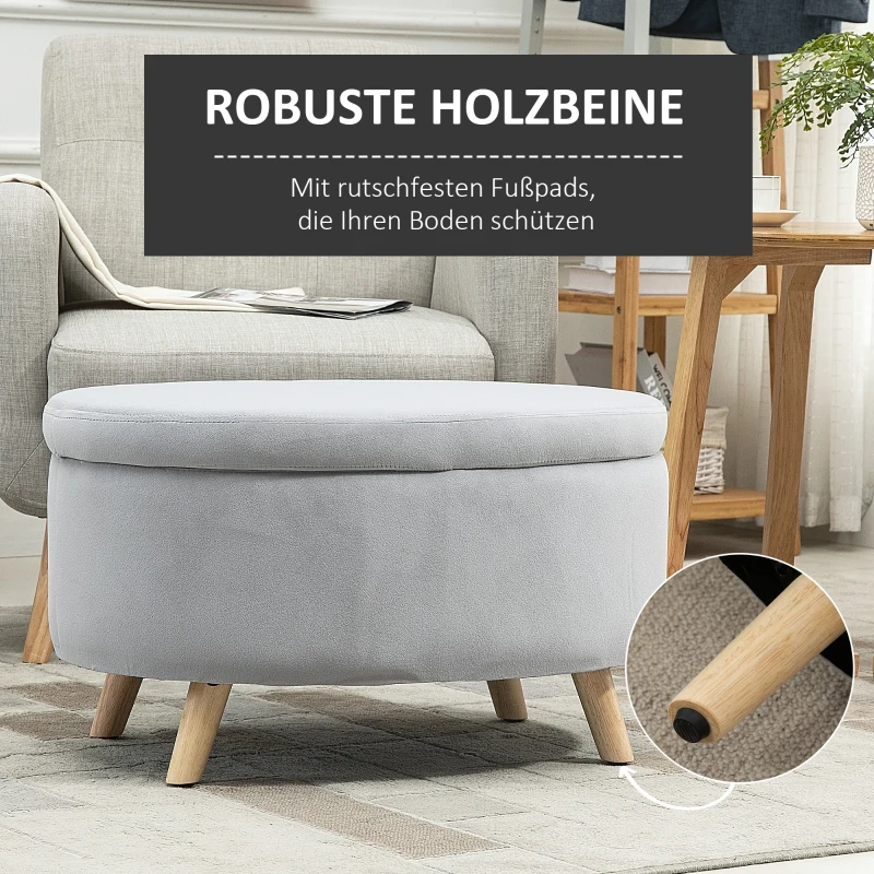 HOMCOM bank gestoffeerde bank met opbergruimte ovale vorm moderne kruk hal slaapkamer woonkamer fluweelzacht polyester rubber hout lichtgrijs 71 x 51,5 x 42 cm