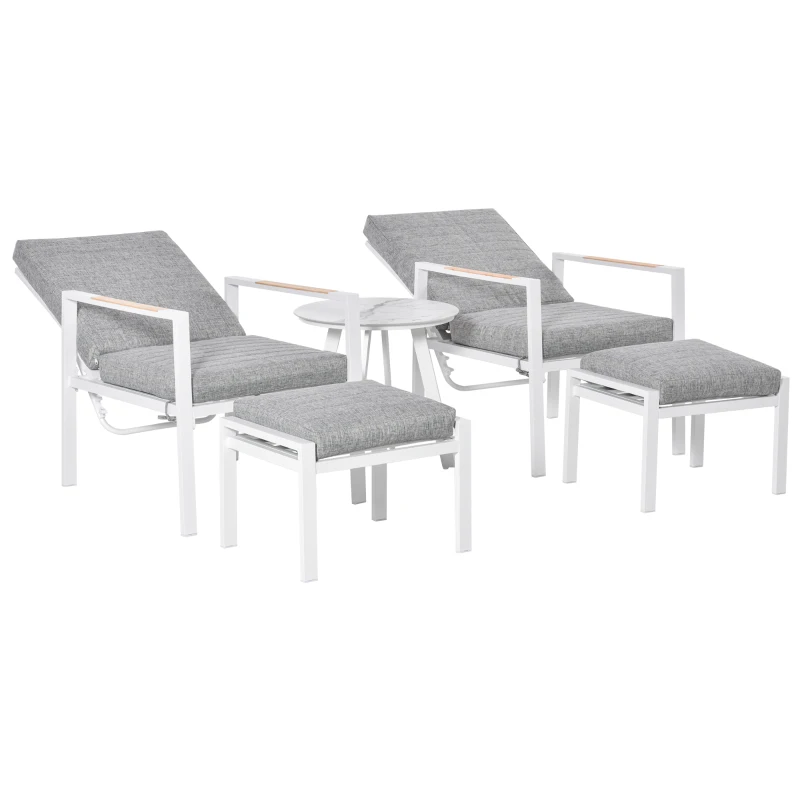 Outsunny 5-delige tuinmeubelset met rugkussens zitkussens balkonmeubel met 3-traps verstelbare rugleuning gehard glas aluminium stof schuimstof grenenhout grijs + wit 61 x 82 x 90 cm