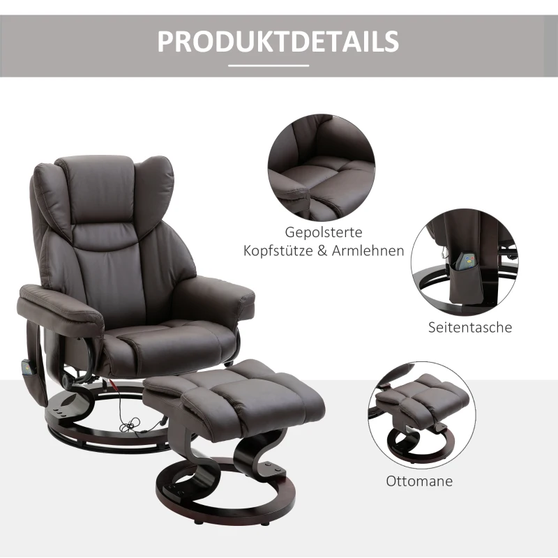 HOMCOM massagestoel met voetenbank relaxstoel kantelbaar tot 145° kunstleer bruin 79 x 82 x 101 cm(m-4)