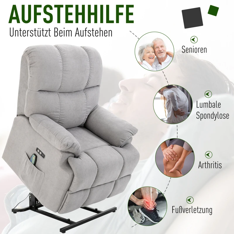 HOMCOM massagestoel opstahulp relaxstoel met verwarmingsfunctie verstelbare hoek USB afstandsbediening kort pluche grijs 83 x 95 x 105 cm(m-4)