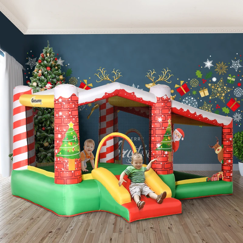 Outsunny kerstmis opblaasbaar springkasteel met waterbassin trampoline kleine glijbaan voor 3 kinderen springkasteel met blazer voor 3-8 jaar kleuterschool Oxford stof polyester rood + groen 325 x 270 x 175 cm