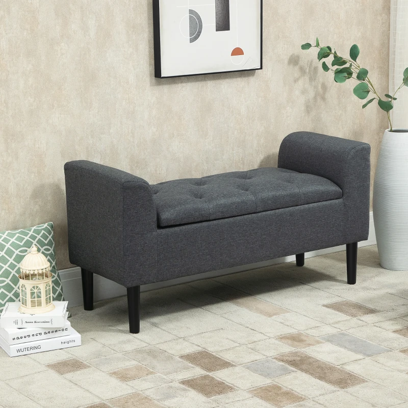 HOMCOM bank met opbergruimte gestoffeerde bank ottoman ottoman belastbaar tot 130 kg nachtkastje linnen-achtig polyester rubber hout donkergrijs + zwart 116 x 44 x 58 cm(m-10)