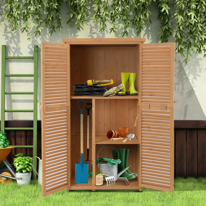 Outsunny gereedschapsschuur gereedschapsschuur met asfalt daklamellen deur gereedschapskast schuur tuin 4 vakken naturel 87 x 46.5 x 160 cm(m-10)