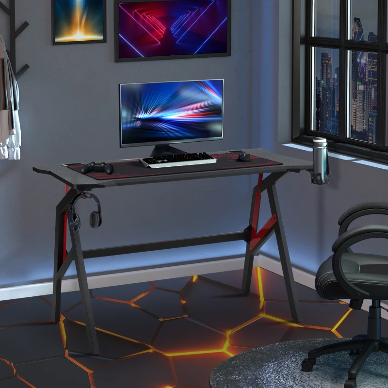 HOMCOM Gamingtafel bureau met koptelefoonhaak bekerhouder R-vormige computertafel MDF metaal zwart + rood 120 x 58 x 75 cm