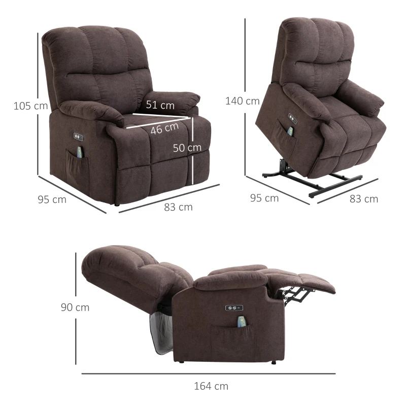 HOMCOM massagestoel opstahulp relaxstoel met verwarmingsfunctie verstelbaar USB-afstandsbediening kort pluche bruin 83 x 95 x 105 cm(m-3)