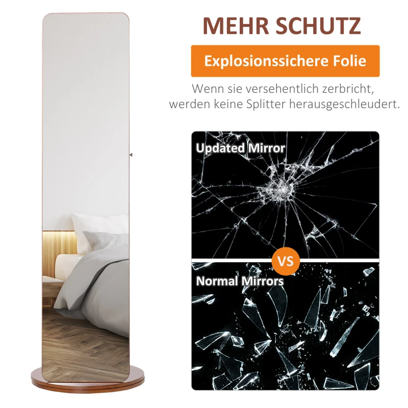 HOMCOM sieradenkast spiegelkast wandkast 360° draaibaar MDF plaat grenen glas spiegel licht walnoot Ø50 x 169 cm