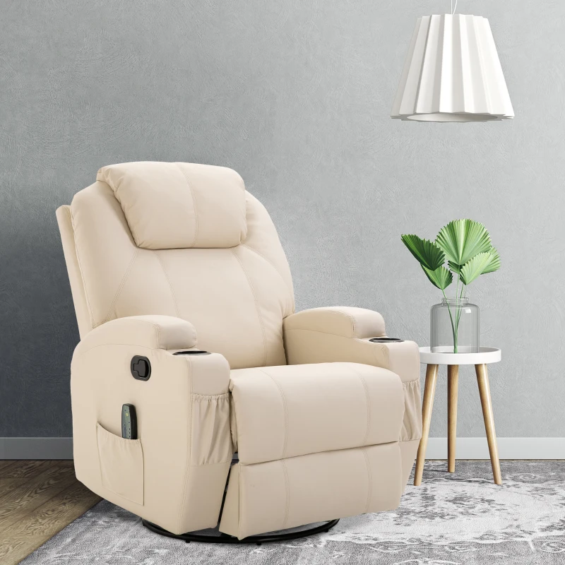 HOMCOM massagestoel, relaxstoel, tv-stoel massagefunctie 5 massagestanden ligfunctie PU-leer hout metaal schuimstof crèmewit 82 x 97 x 110 cm