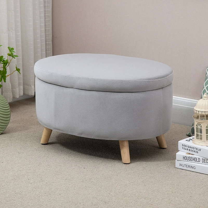 HOMCOM bank gestoffeerde bank met opbergruimte ovale vorm moderne kruk hal slaapkamer woonkamer fluweelzacht polyester rubber hout lichtgrijs 71 x 51,5 x 42 cm