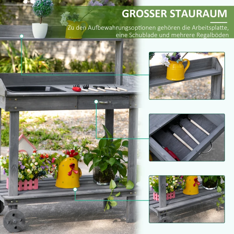 Outsunny plantentafel met schuiflade, 2 niveaus tuintafel met gootsteen en wielen, tuin, dennenhout grijs 92 x 45 x 119 cm