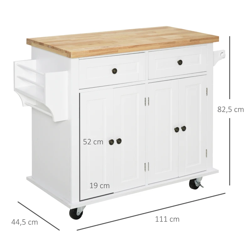 HOMCOM keukenkast keukenmeubel met zwenkwielen lade en verstelbare plank rubber hout MDF spaanplaat wit 111 x 44,5 x 82,5 cm