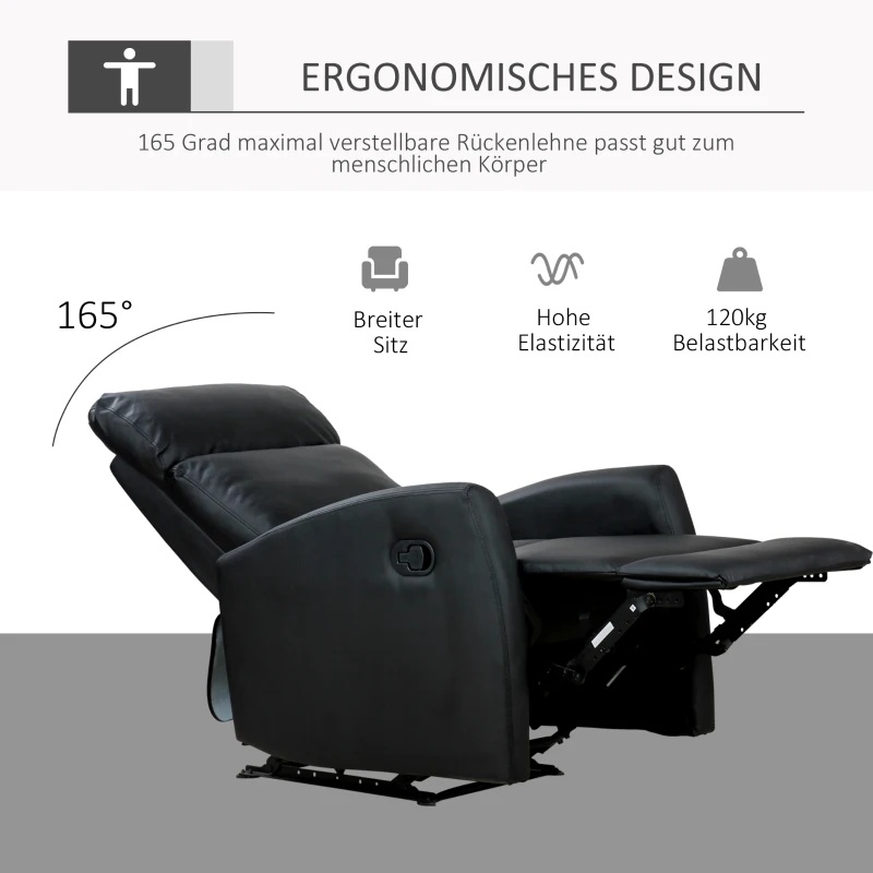 HOMCOM relaxstoel ruststoel tv-stoel stoel met ligfunctie kunstleer metaal MDF schuimstof zwart 65 x 92 x 100 cm