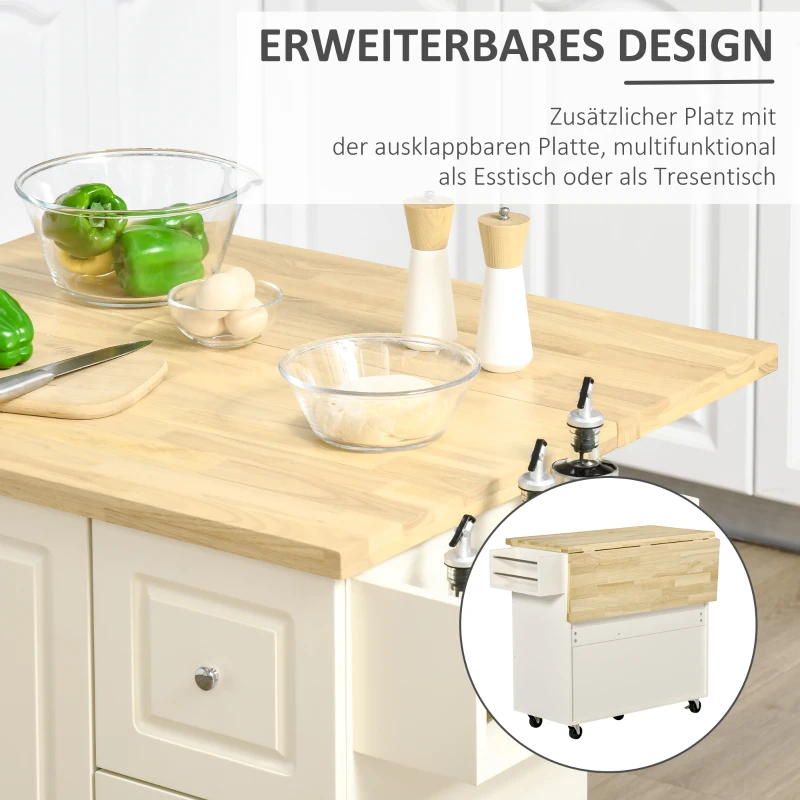 HOMCOM keukenwagen keukeneiland met werkblad zwenkwielen lade en verstelbare plank keukenkast rubber hout MDF wit + naturel 111,5 x 45-75 x 89 cm