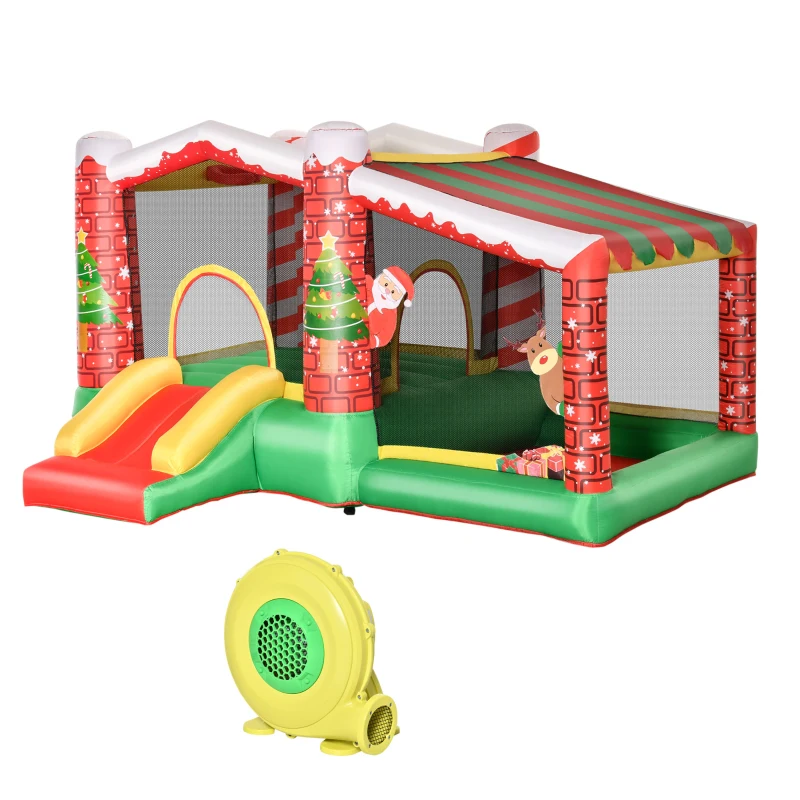 Outsunny kerstmis opblaasbaar springkasteel met waterbassin trampoline kleine glijbaan voor 3 kinderen springkasteel met blazer voor 3-8 jaar kleuterschool Oxford stof polyester rood + groen 325 x 270 x 175 cm