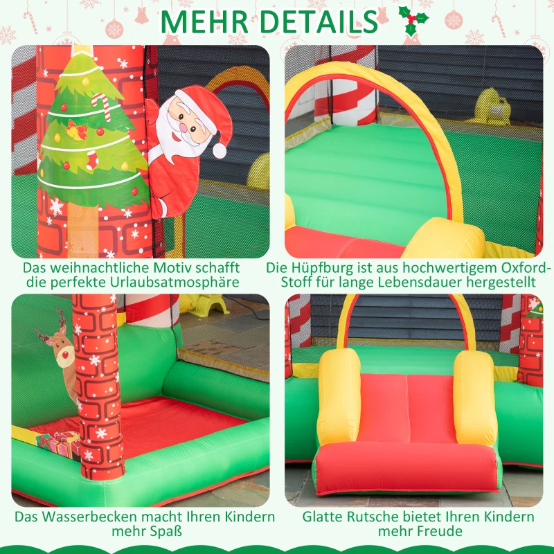 Outsunny kerstmis opblaasbaar springkasteel met waterbassin trampoline kleine glijbaan voor 3 kinderen springkasteel met blazer voor 3-8 jaar kleuterschool Oxford stof polyester rood + groen 325 x 270 x 175 cm