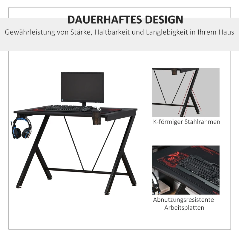 HOMCOM Gaming-tafel PC-tafel bureau met koptelefoonhaak bekerhouder computertafel metaal MDF zwart 108 x 66 x 77 cm