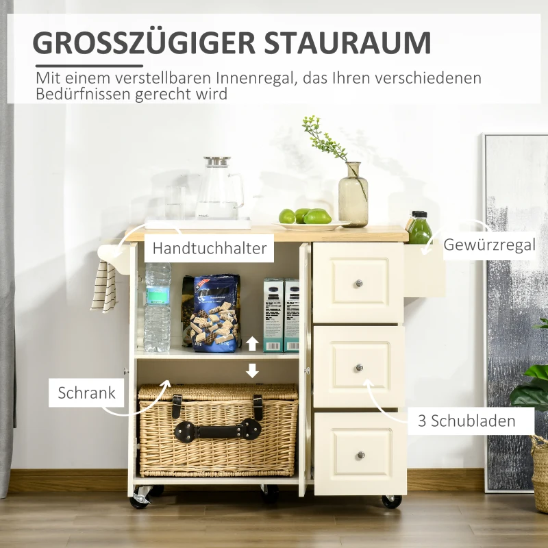 HOMCOM keukenwagen keukeneiland met werkblad zwenkwielen lade en verstelbare plank keukenkast rubber hout MDF wit + naturel 111,5 x 45-75 x 89 cm