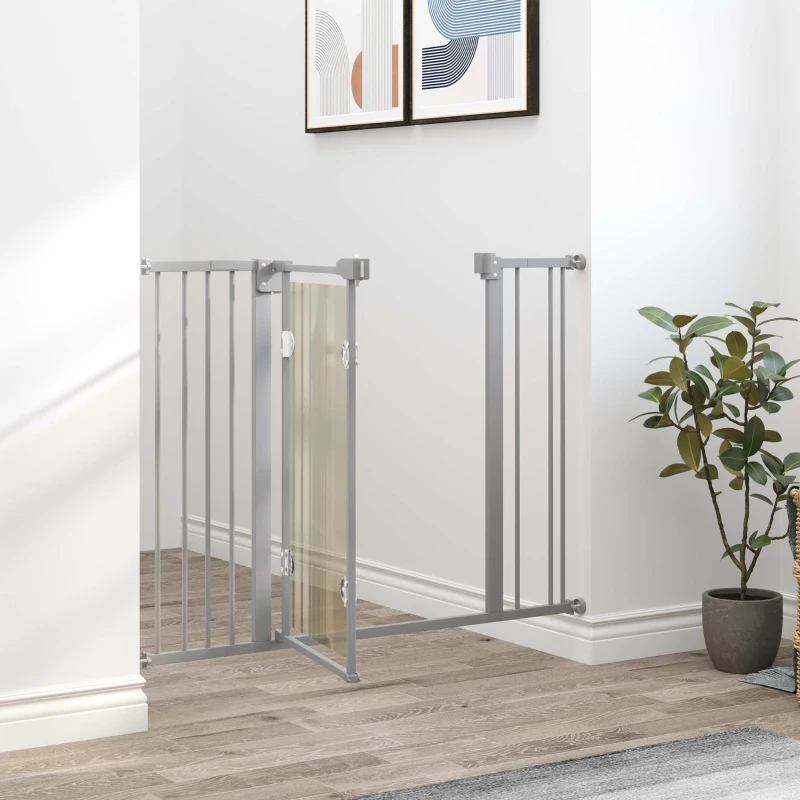PawHut Barrera de Seguridad de Perros Extensible para Escaleras y Puertas 74-105 cm con 2 Extensiones de Acero 10/15 cm Puerta Acrílica y Cierre Automático Altura 76,2 cm Gris