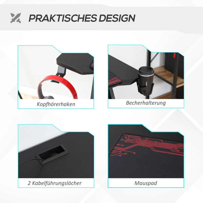 HOMCOM Gamingtafel bureau met koptelefoonhaak bekerhouder R-vormige computertafel MDF metaal zwart + rood 120 x 58 x 75 cm