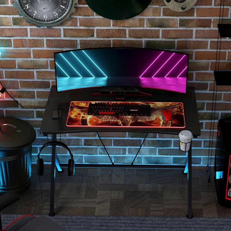 HOMCOM Gaming-tafel PC-tafel bureau met koptelefoonhaak bekerhouder computertafel metaal MDF zwart 108 x 66 x 77 cm