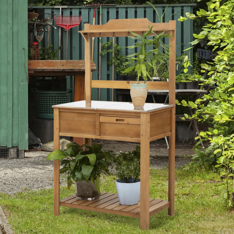 Outsunny plantentafel met gegalvaniseerd werkblad tuintafel voor tuin, balkon en terras met plank, bloemenplank, bloemenstandaard van dennenhout, natuurlijk metaal 80 x 42 x 142 cm
