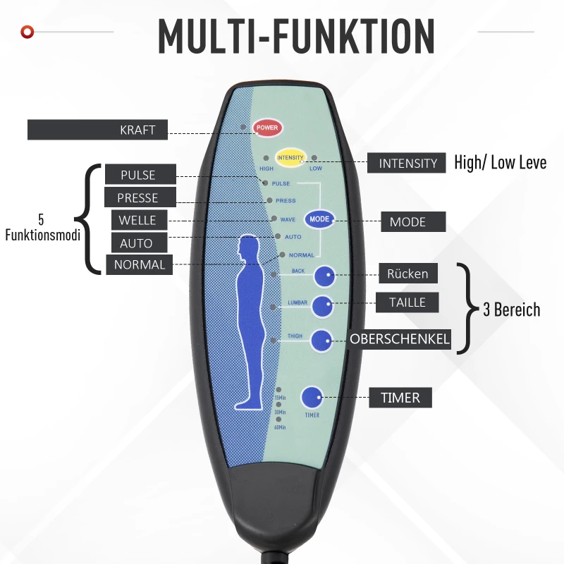 Vinsetto massagestoel, bureaustoel, gamestoel, polyester, schuimstof, nylon, grijs, 66 x 63 x 107-115 cm