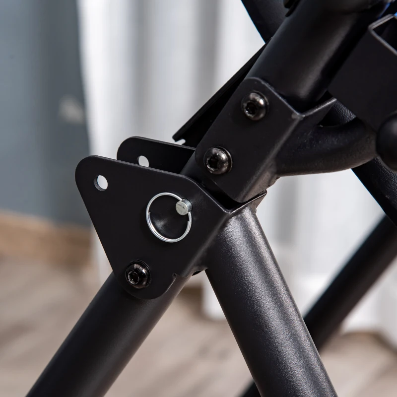 HOMCOM inversiebank opvouwbare zwaartekrachttrainer met twee beweegbare wielen set rugkussen metaal ABS zwart + blauw 132 x 71 x 145 cm