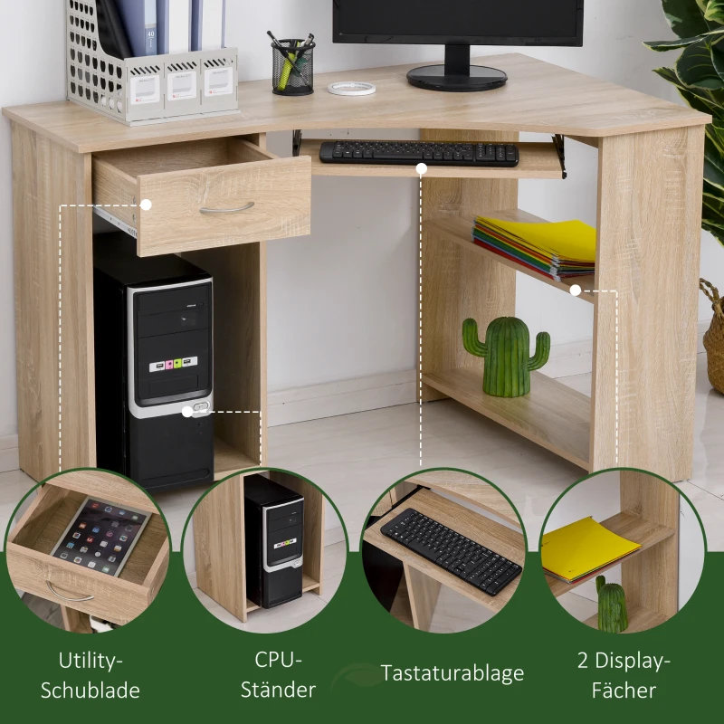 HOMCOM hoekbureau met 2 schappen L-vormig bureau computertafel met toetsenbordlade schuiflade CPU-standaard E1-spaanplaat naturel hout 120 x 70 x 75 cm