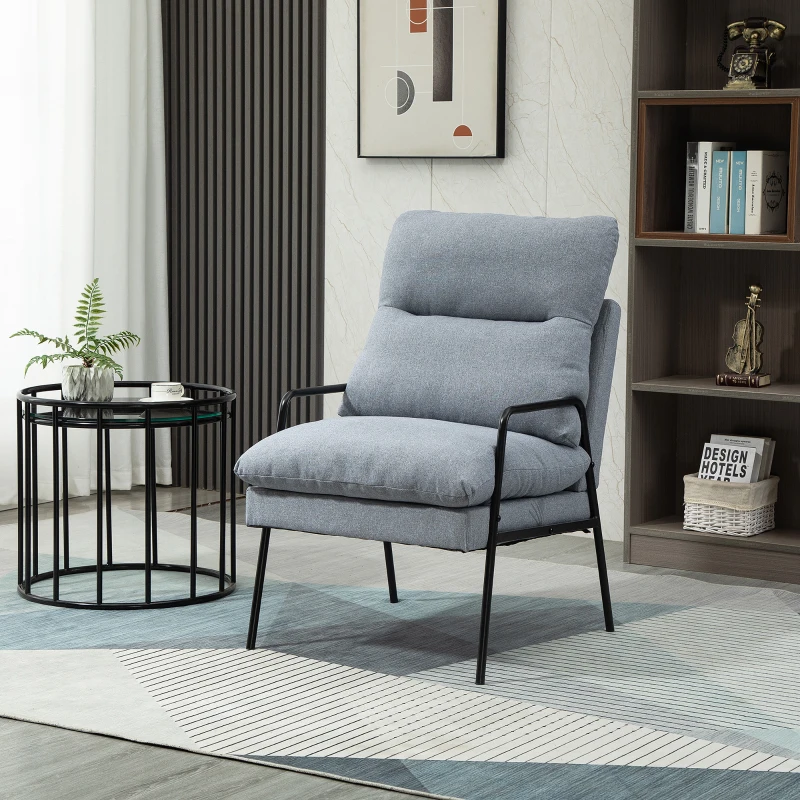 HOMCOM woonkamer stoel bureaustoel gestoffeerde stoel fauteuil eetkamerstoel met rugleuning schuim, linnenachtig polyester metaal grijs + zwart 61 x 76 x 96 cm
