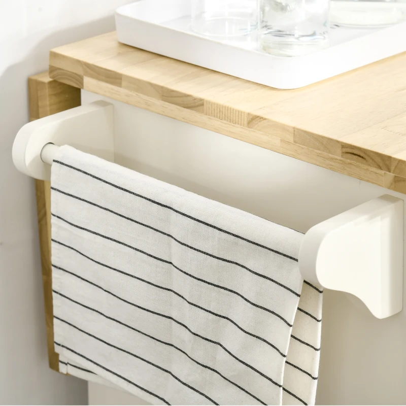 HOMCOM keukenwagen keukeneiland met werkblad zwenkwielen lade en verstelbare plank keukenkast rubber hout MDF wit + naturel 111,5 x 45-75 x 89 cm