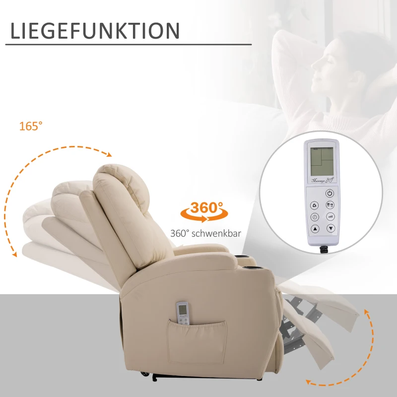 HOMCOM massagestoel, relaxstoel, tv-stoel, massagefunctie, ligfunctie, kunstleer hout metaal schuimstof, beige, 82 x 97 x 110 cm(m-6)