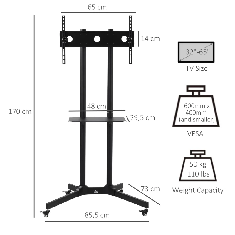 HOMCOM verrijdbaar tv-meubel met wielen universele verrijdbare trolley Tv-meubel met verstelbare hoogte ultra stabiele beugel tv-tafel metaal zwart 85,5 x 73 x 170 cm
