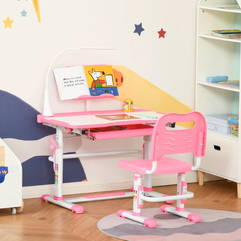 HOMCOM kinderbureauset studentenbureau met stoel en lamp bureau van alle gemakken voorzien, in hoogte verstelbaar, kantelbaar voor 6-12 jaar MDF roze 80 x 49,5 x 80-105 cm