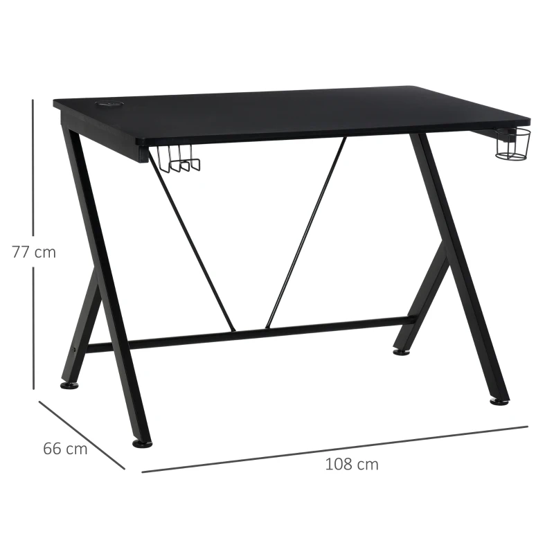 HOMCOM Gaming-tafel PC-tafel bureau met koptelefoonhaak bekerhouder computertafel metaal MDF zwart 108 x 66 x 77 cm