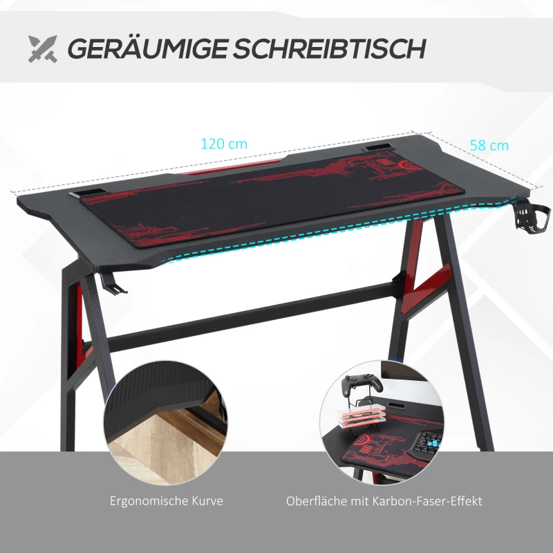 HOMCOM Gamingtafel bureau met koptelefoonhaak bekerhouder R-vormige computertafel MDF metaal zwart + rood 120 x 58 x 75 cm