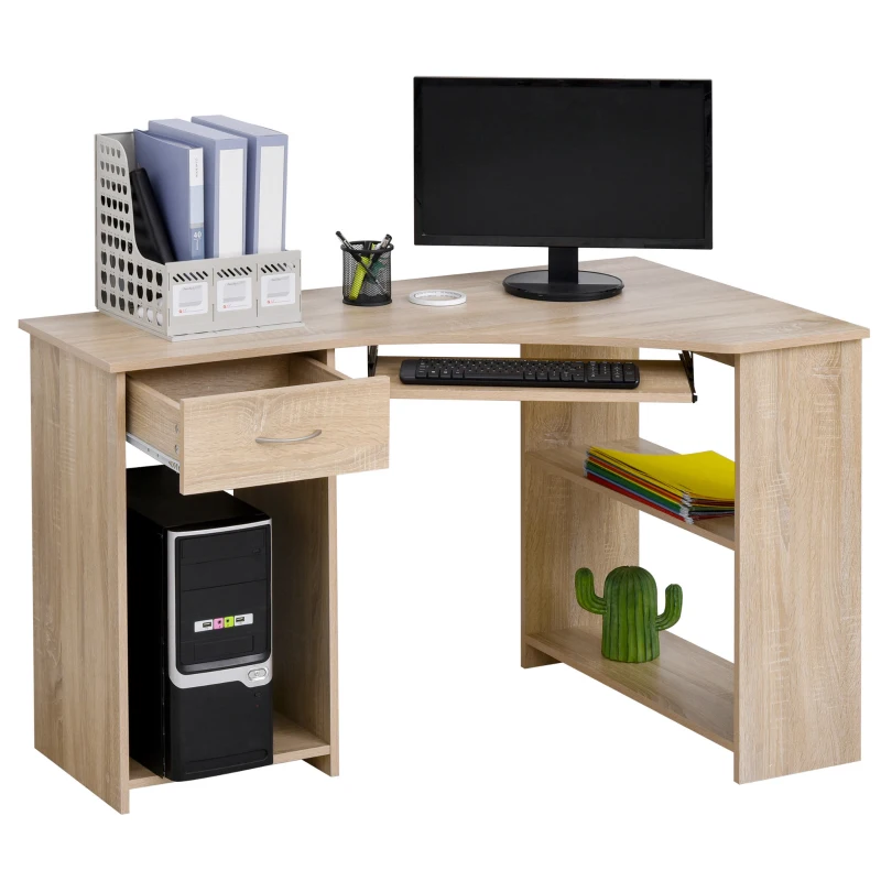 HOMCOM hoekbureau met 2 schappen L-vormig bureau computertafel met toetsenbordlade schuiflade CPU-standaard E1-spaanplaat naturel hout 120 x 70 x 75 cm