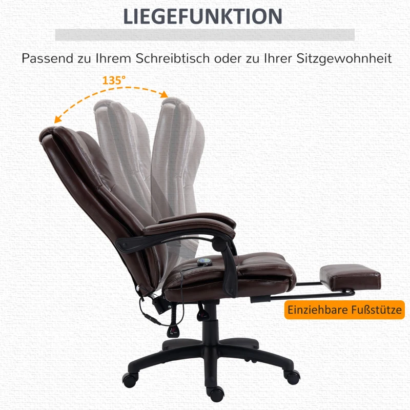 Vinsetto bureaustoel stoel directiestoel draaibare stoel met massagefunctie ligfunctie kunstleer schuimstof PP kunststof nylon bruin 68,5 x 68,5 x 119-127 cm(m-6)