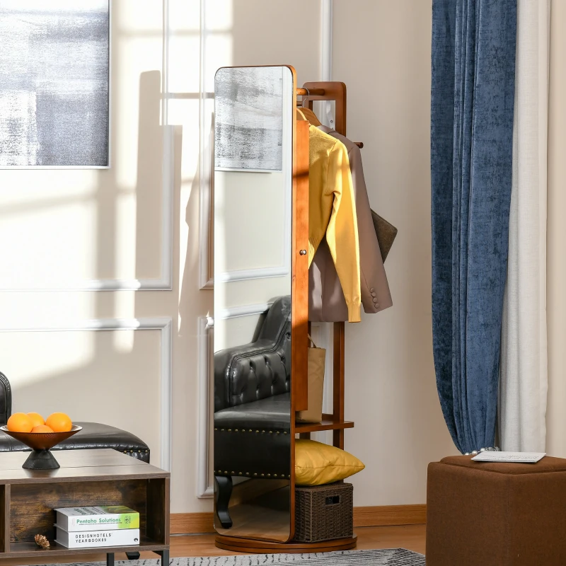 HOMCOM sieradenkast spiegelkast wandkast 360° draaibaar MDF plaat grenen glas spiegel licht walnoot Ø50 x 169 cm