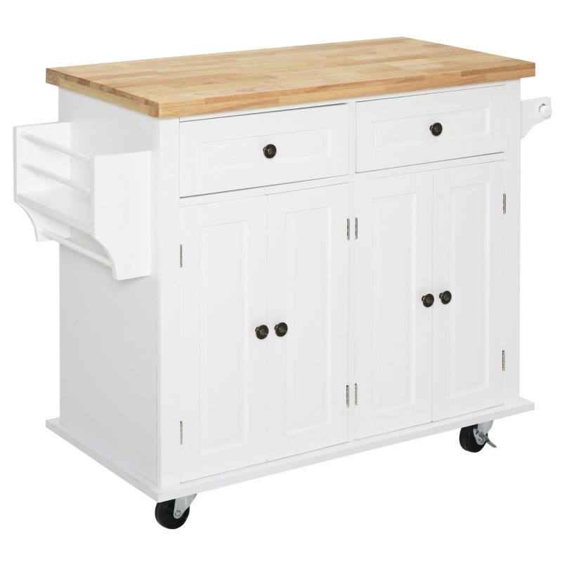 HOMCOM keukenkast keukenmeubel met zwenkwielen lade en verstelbare plank rubber hout MDF spaanplaat wit 111 x 44,5 x 82,5 cm