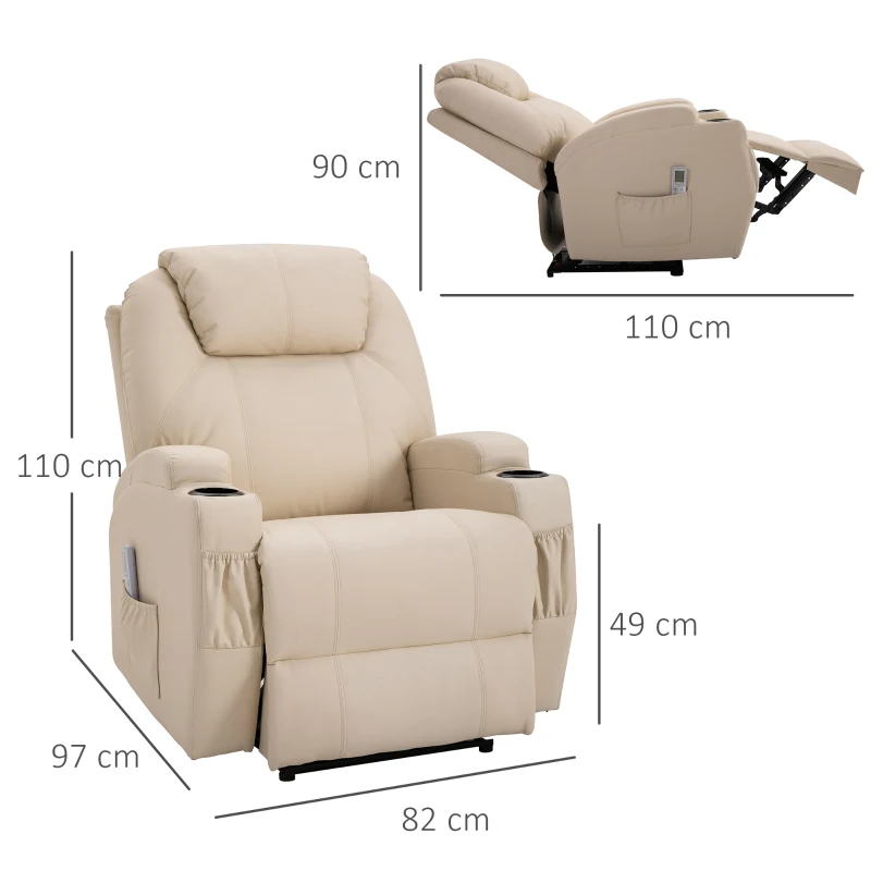 HOMCOM massagestoel, relaxstoel, tv-stoel, massagefunctie, ligfunctie, kunstleer hout metaal schuimstof, beige, 82 x 97 x 110 cm(m-3)