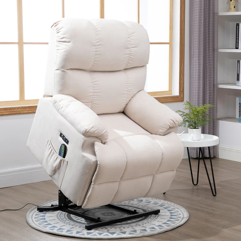 HOMCOM massagestoel opstahulp relaxstoel met verwarmingsfunctie USB-afstandsbediening kort pluche crème 83 x 95 x 105 cm