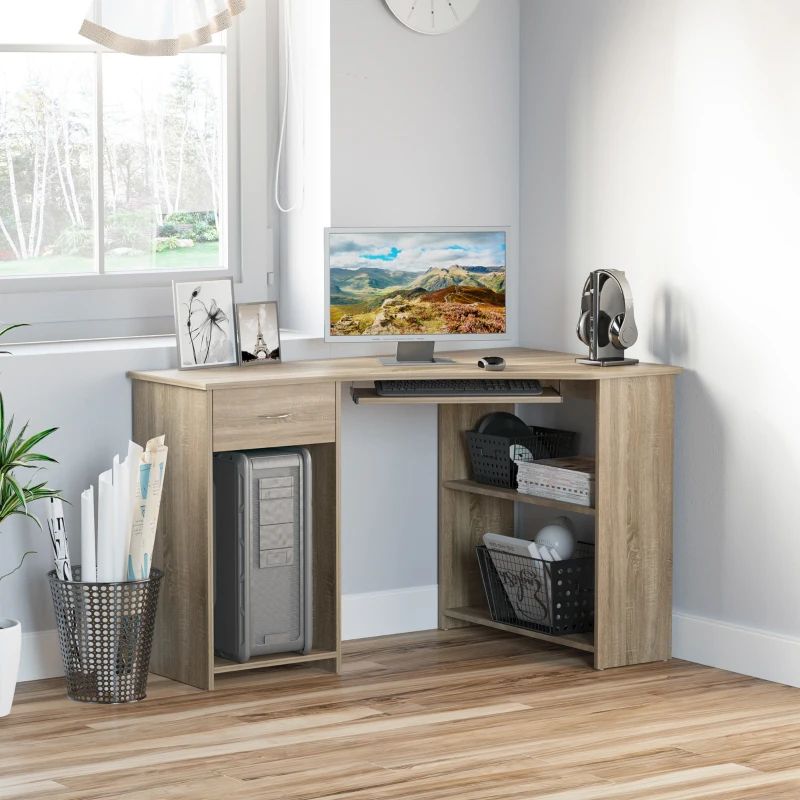 HOMCOM hoekbureau met 2 schappen L-vormig bureau computertafel met toetsenbordlade schuiflade CPU-standaard E1-spaanplaat naturel hout 120 x 70 x 75 cm